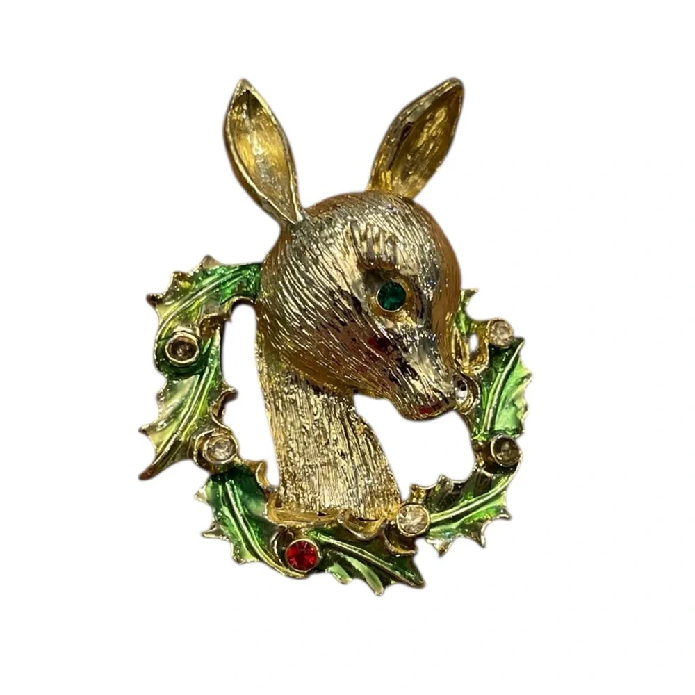 VTG Christmas‎ Reindeer Wreath Rhinestone Enamel Gold Tone Brooch Pin Woodland